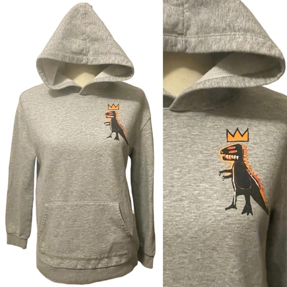 Jean-Michel Basquiat Crowned Pez Dinosaur Grey Pullover Hoodie Size 12-14 (L) - Picture 5 of 15